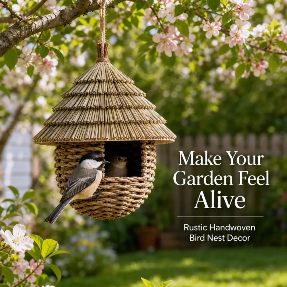 Handwoven straw roof bird nest house hanging from a tree branch 3