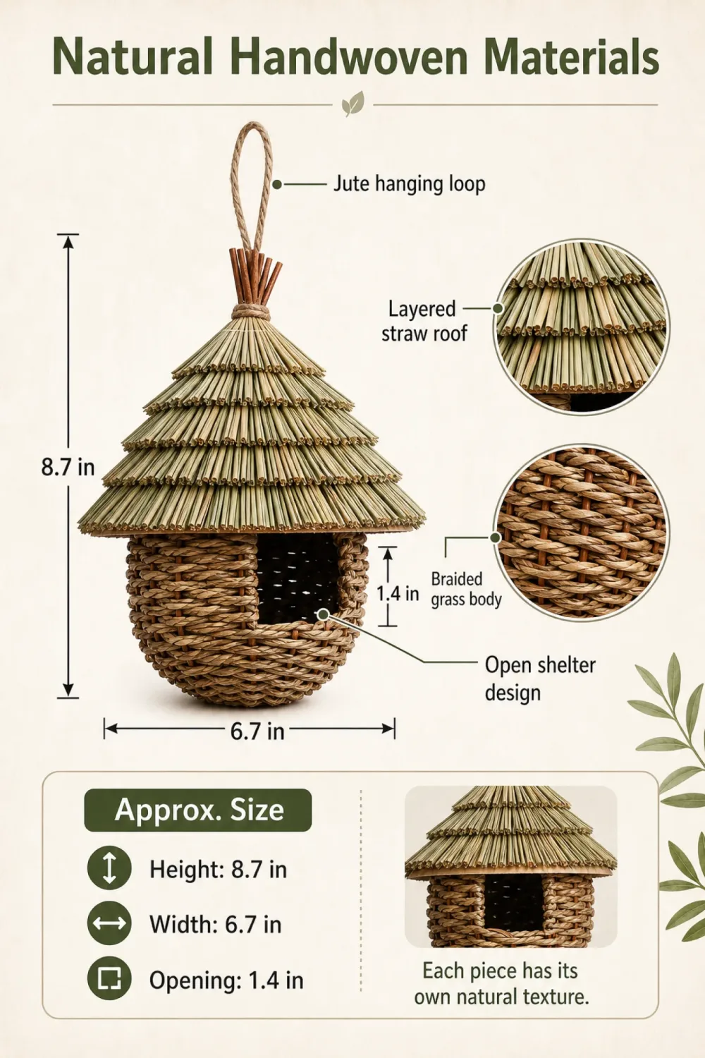 Handwoven straw roof bird nest house hanging from a tree branch 4