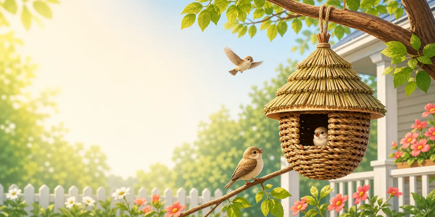 Handwoven straw nest for pet birds,porches, patios, and garden corners.