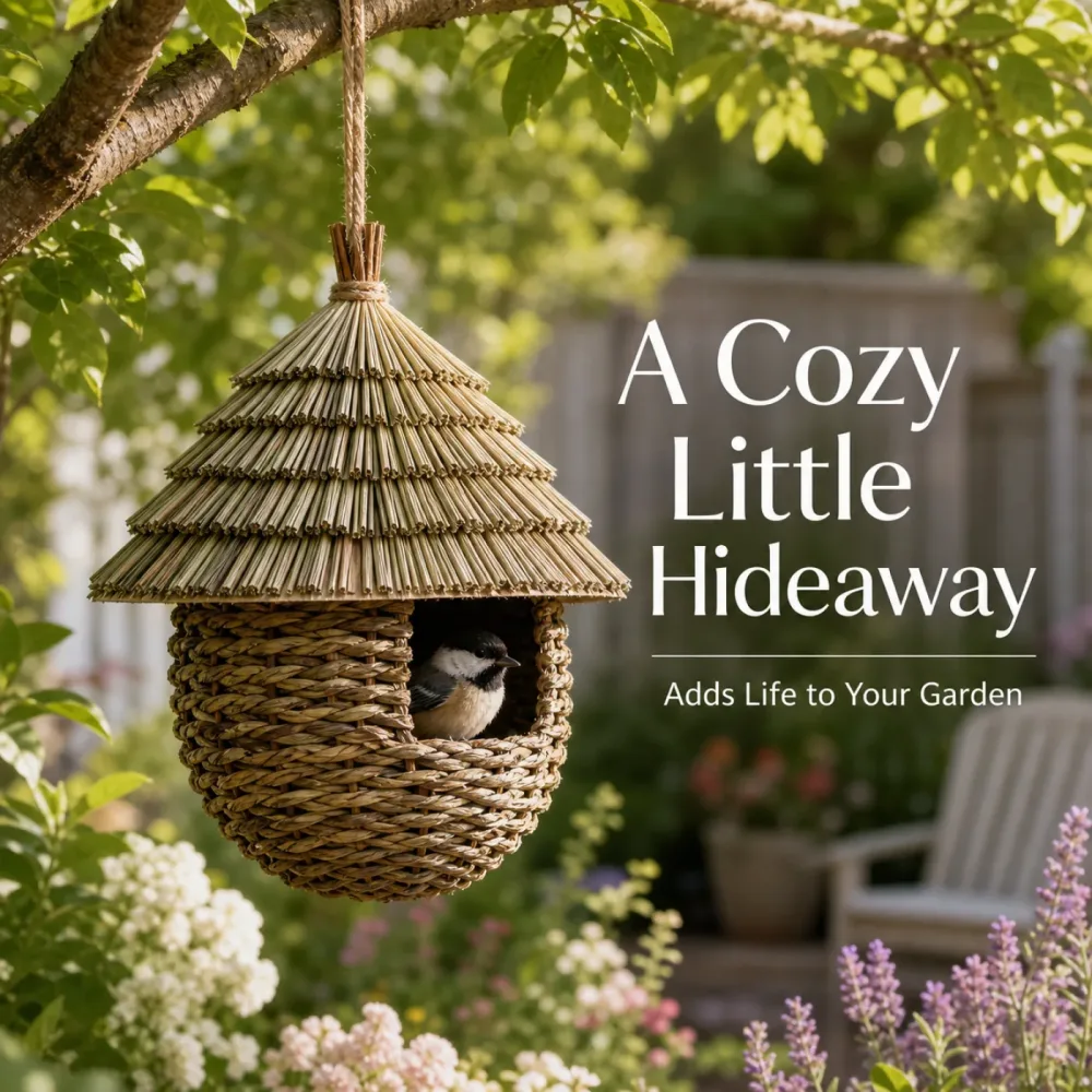 Handwoven straw roof bird nest house hanging from a tree branch 6