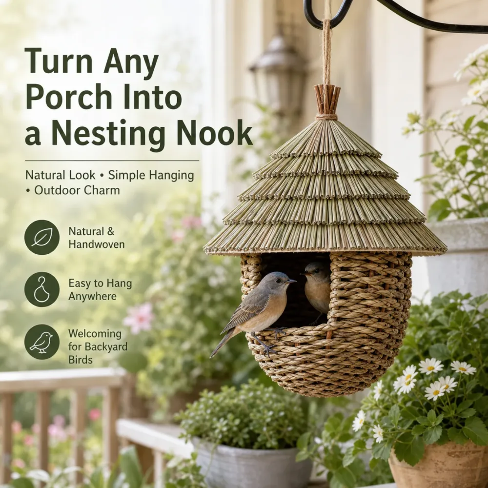 Handwoven straw roof bird nest house hanging from a tree branch 2