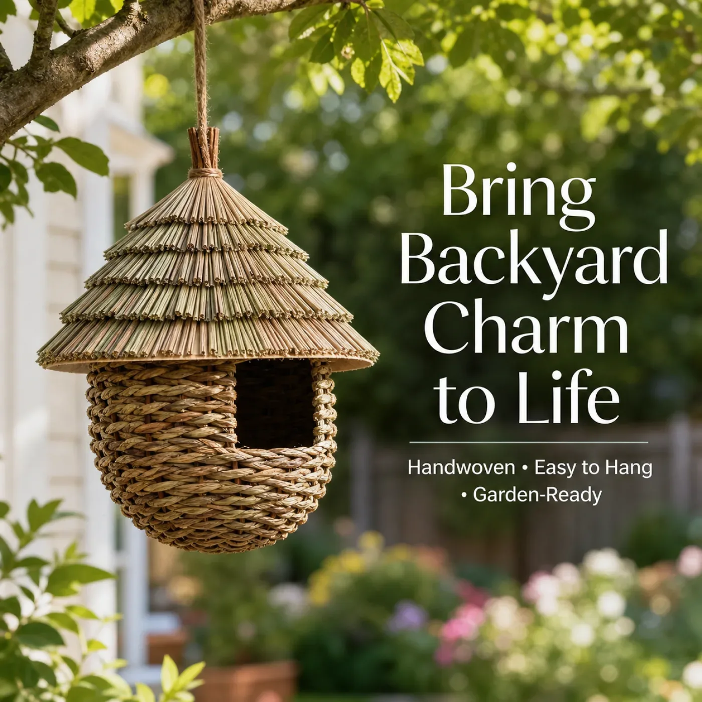 Handwoven straw roof bird nest house hanging from a tree branch