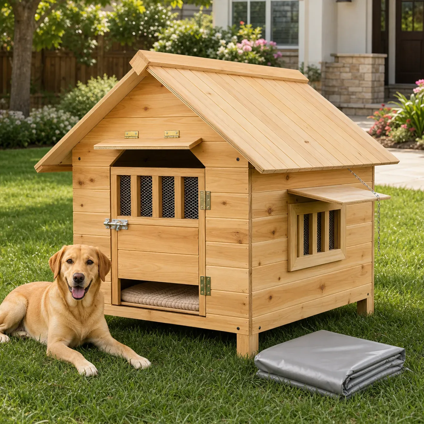 Havanese resting inside a wooden outdoor dog house with a soft pad and folded rain cover 6
