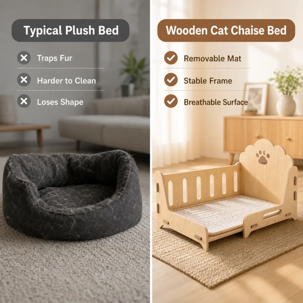 Wooden cat chaise bed with removable woven mat and paw cutout backrest 3