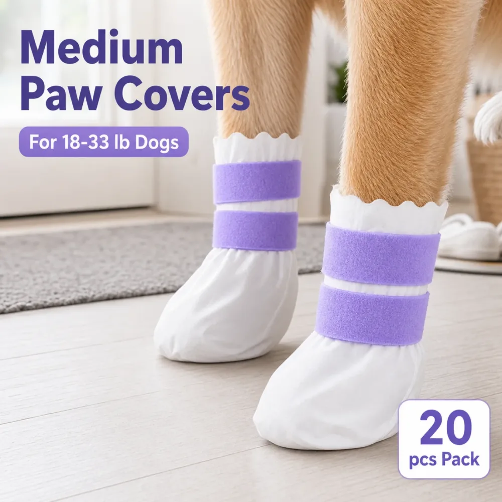 Small dog wearing white disposable paw covers with purple straps for 6 to 17 lb dogs 2