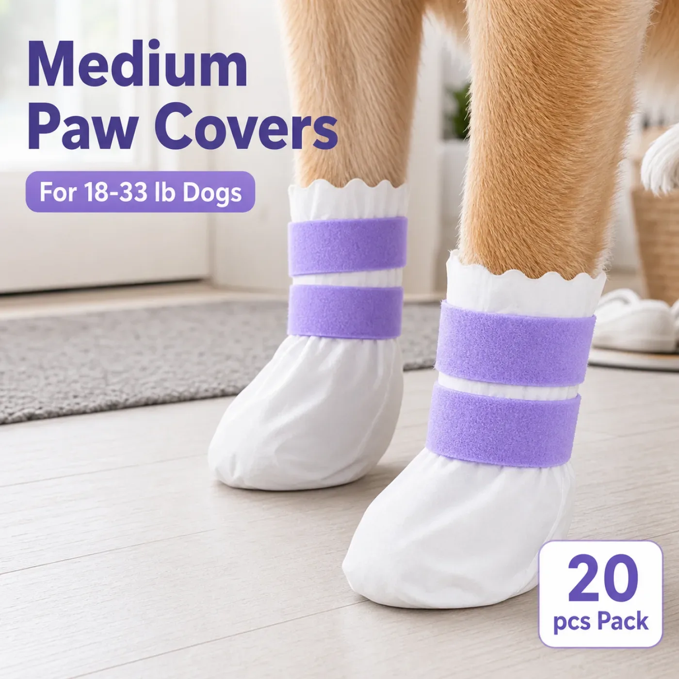 Small dog wearing white disposable paw covers with purple straps for 6 to 17 lb dogs 2