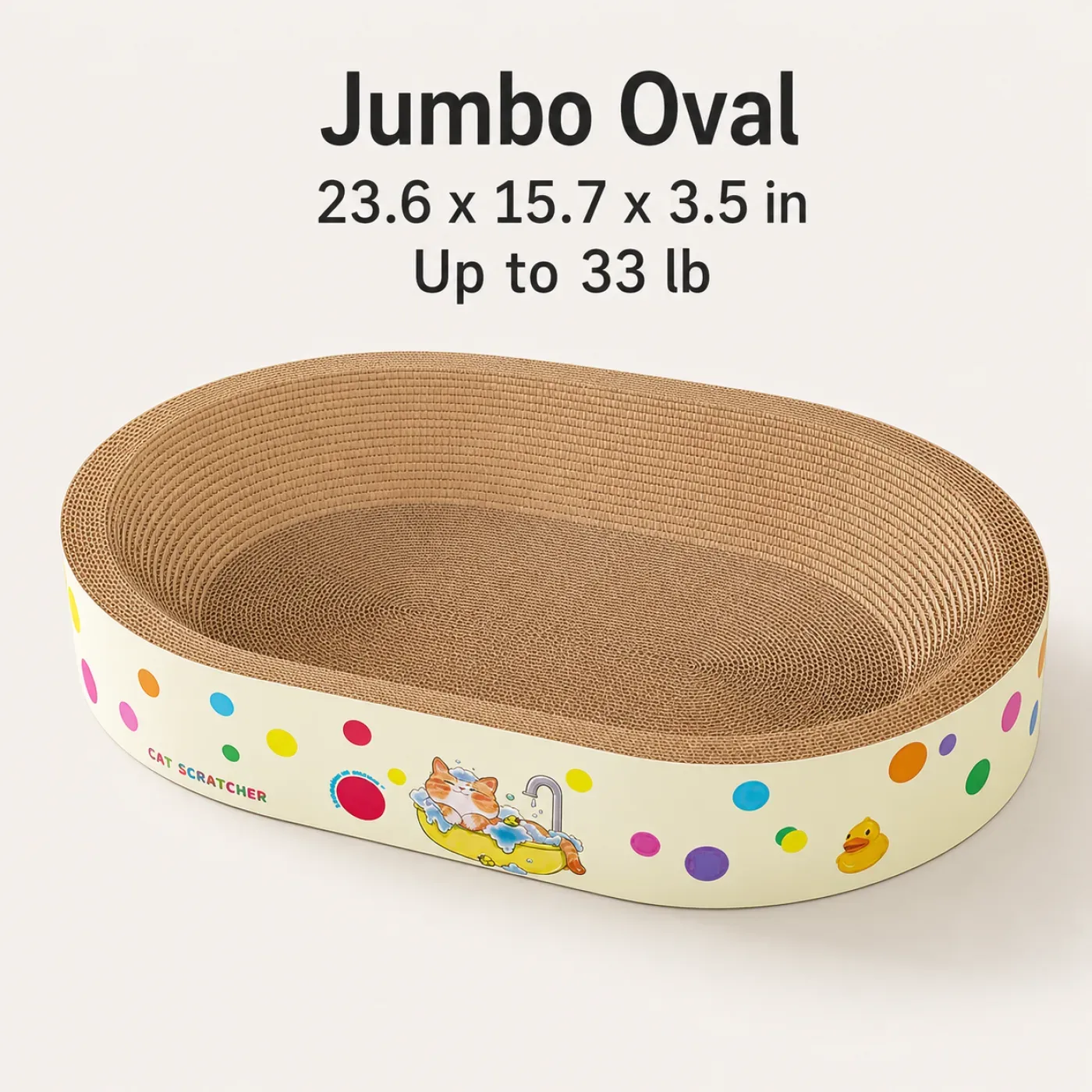 Jumbo oval cardboard cat scratcher bed with colorful dot design size:11.8 11.8 3.5 oval shape and scratcher material. 6
