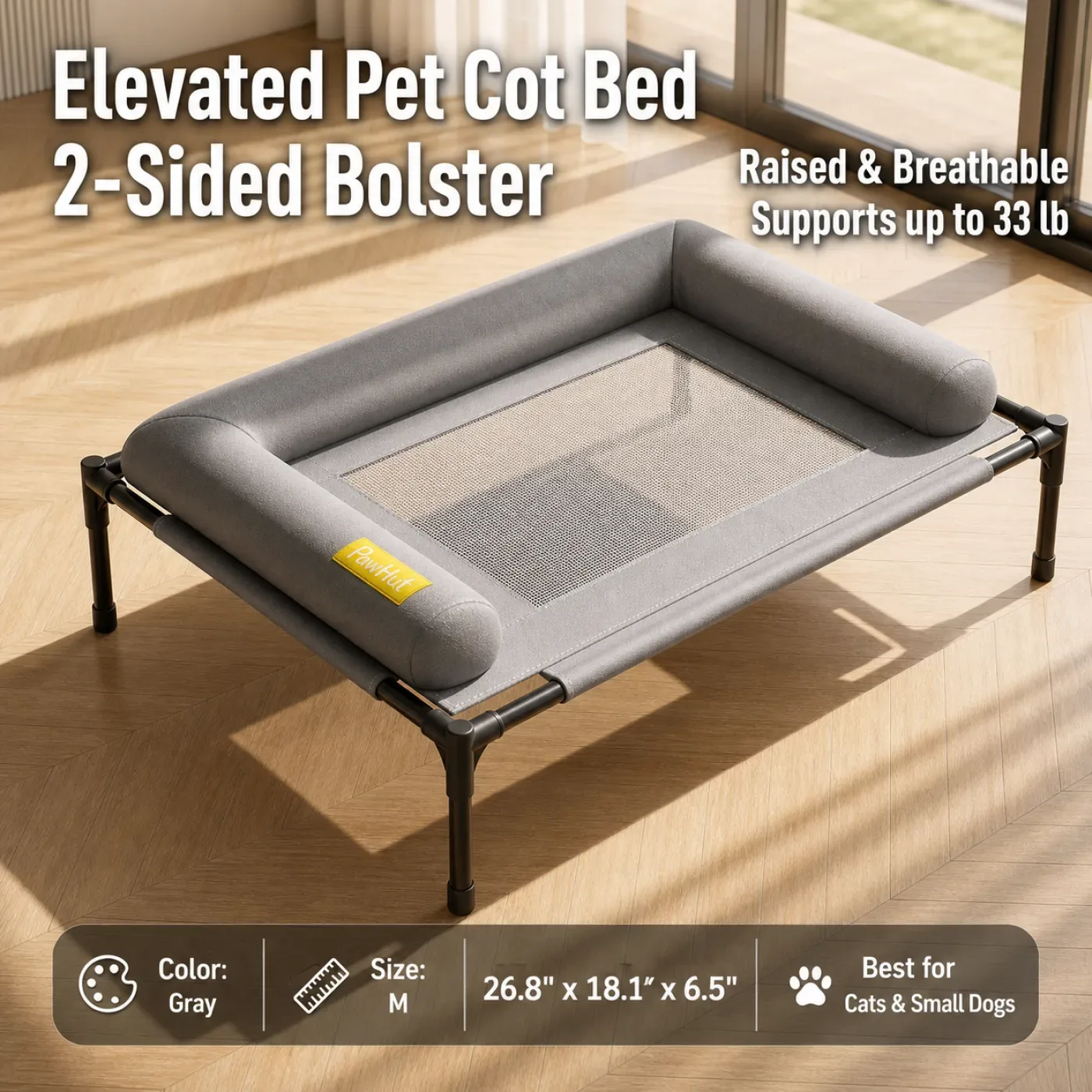 Gray M elevated pet cot bed with two-sided bolster and breathable mesh center 3