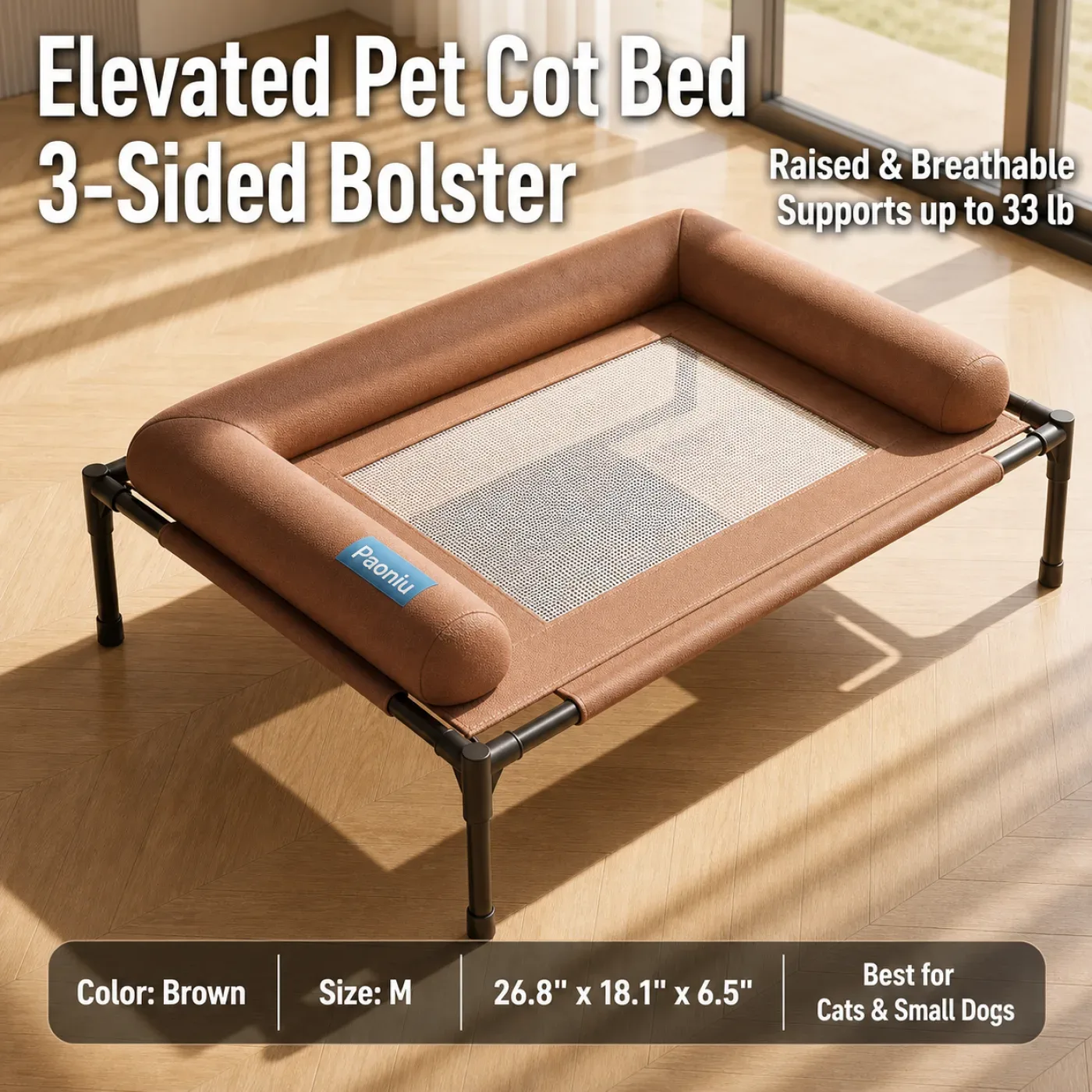 Gray M elevated pet cot bed with two-sided bolster and breathable mesh center 5
