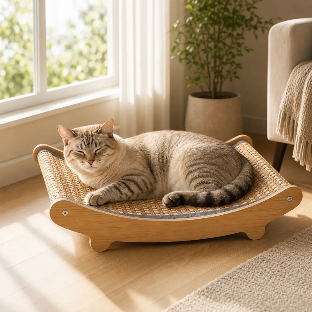 Small wooden cooling cat bed with breathable woven mat and curved support 4