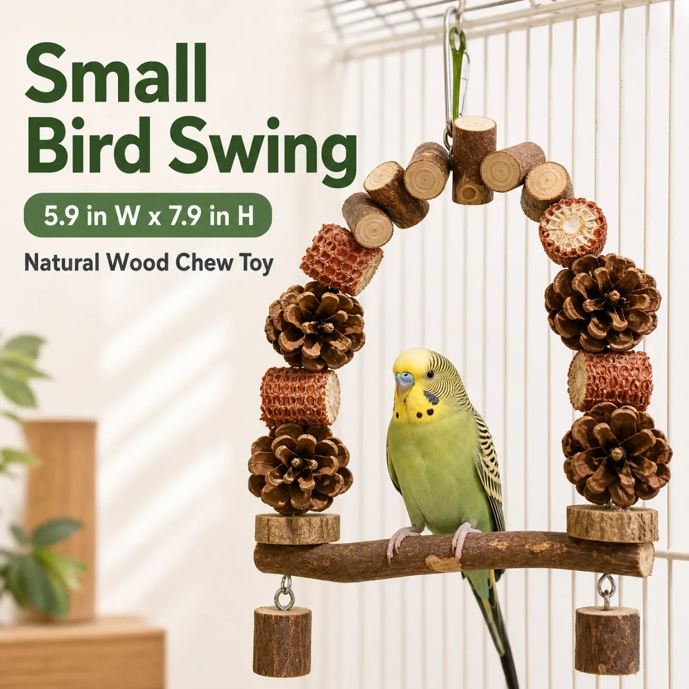 Cockatiel on a large natural wood bird swing with pine cones and chew blocks size 7.9 11.0 2
