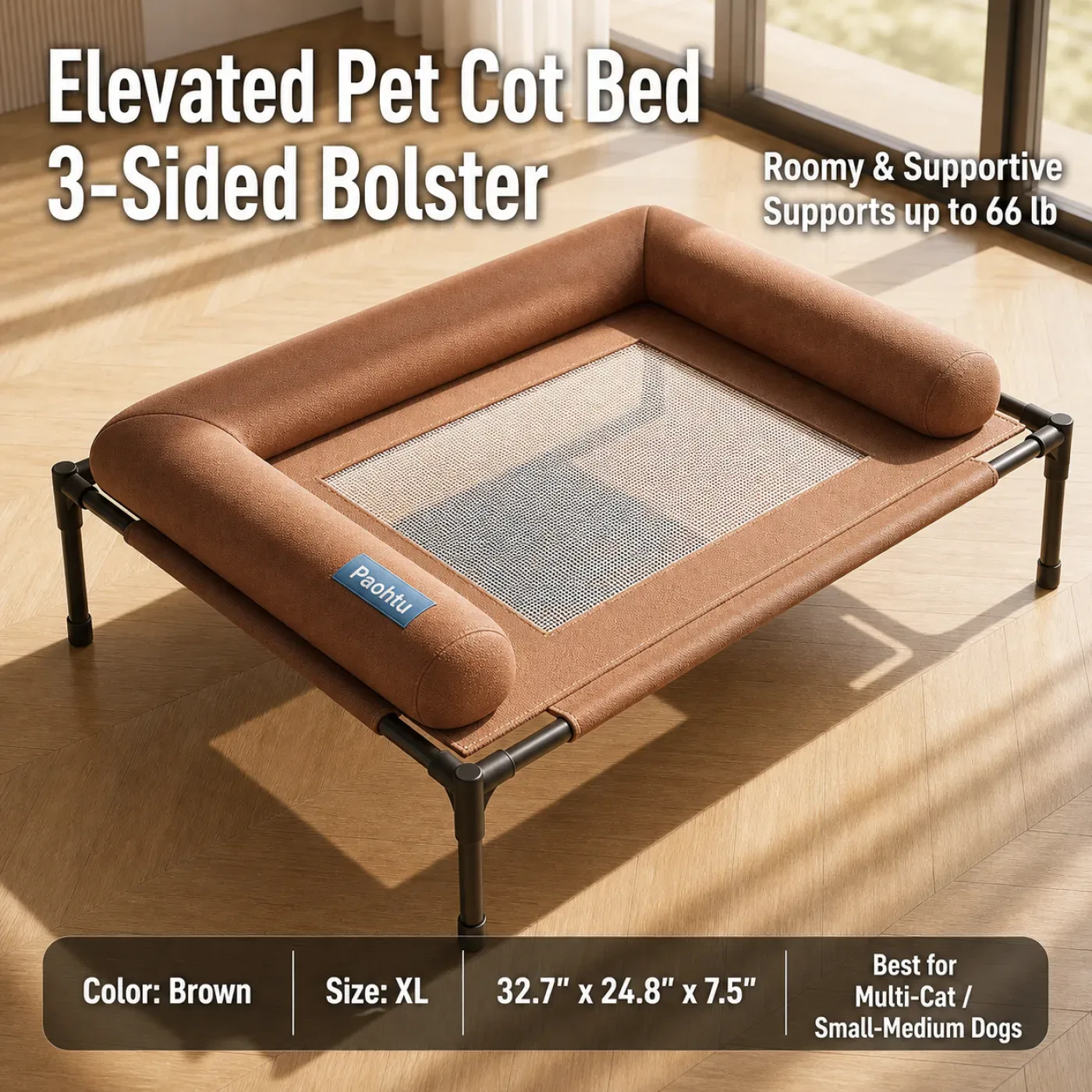 Gray M elevated pet cot bed with two-sided bolster and breathable mesh center 8
