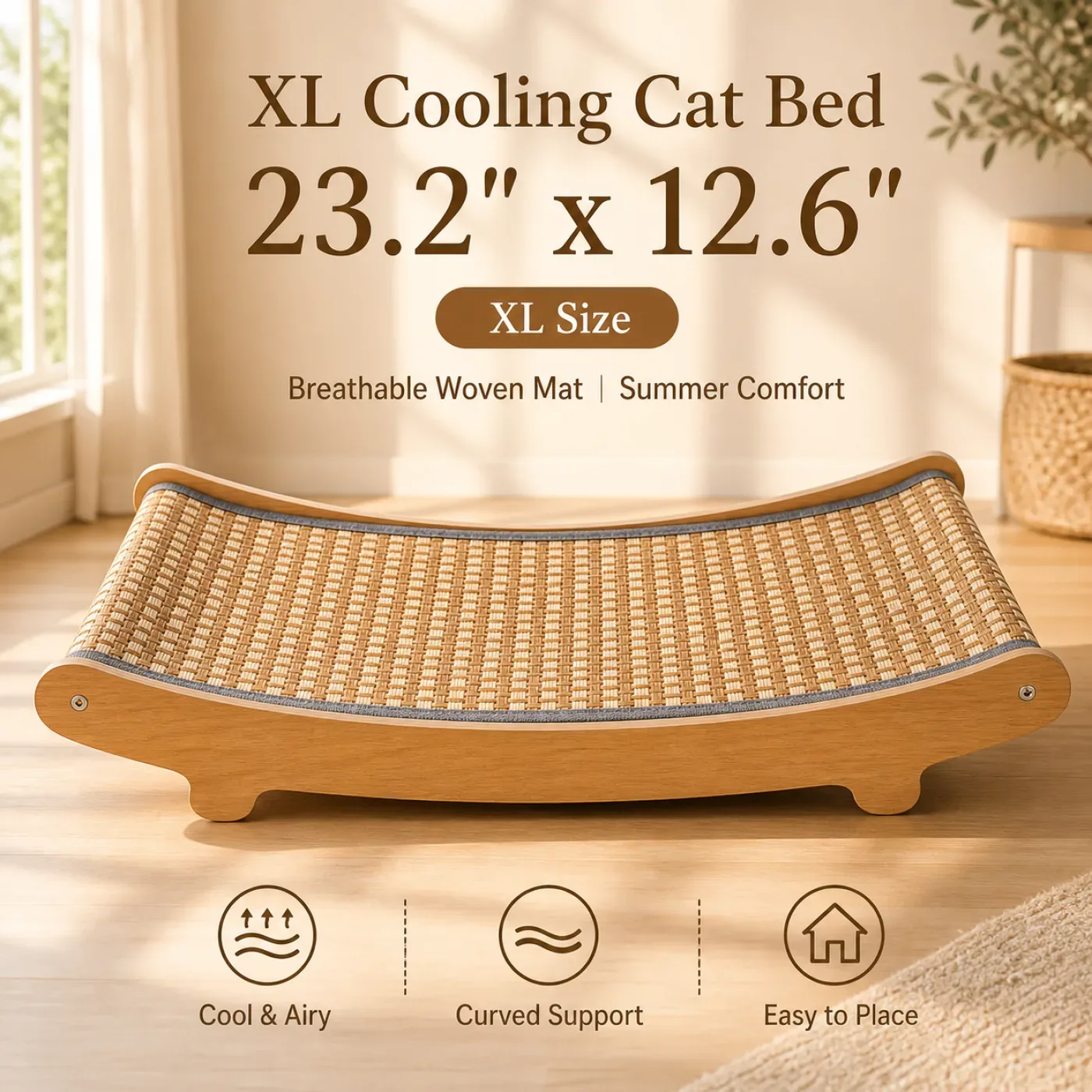 Small wooden cooling cat bed with breathable woven mat and curved support 3