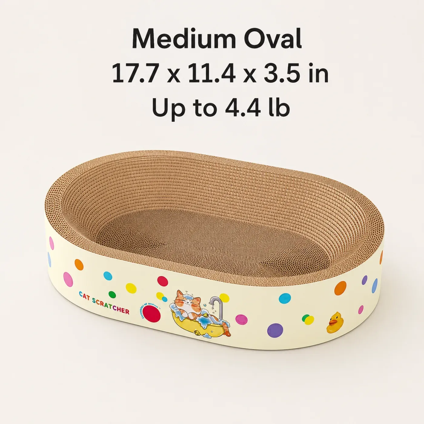 Jumbo oval cardboard cat scratcher bed with colorful dot design size:11.8 11.8 3.5 oval shape and scratcher material. 3