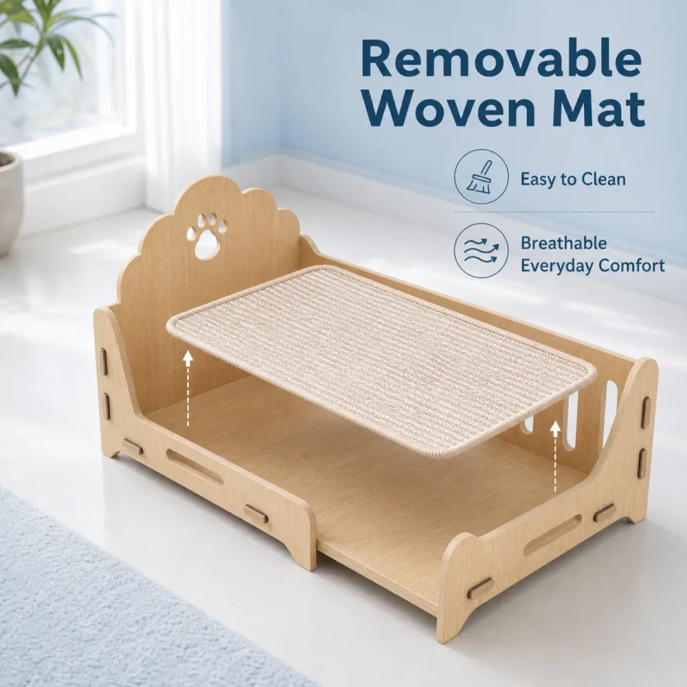 Wooden cat chaise bed with removable woven mat and paw cutout backrest 2