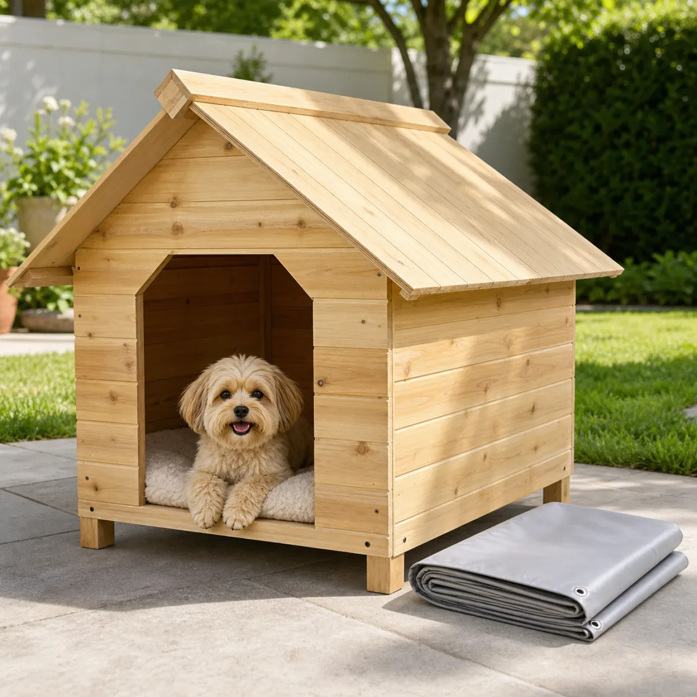 Havanese resting inside a wooden outdoor dog house with a soft pad and folded rain cover