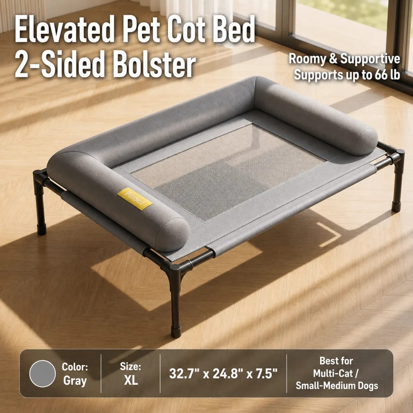 Gray M elevated pet cot bed with two-sided bolster and breathable mesh center 2