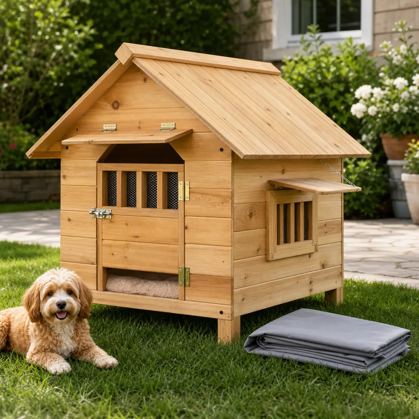 Havanese resting inside a wooden outdoor dog house with a soft pad and folded rain cover 5