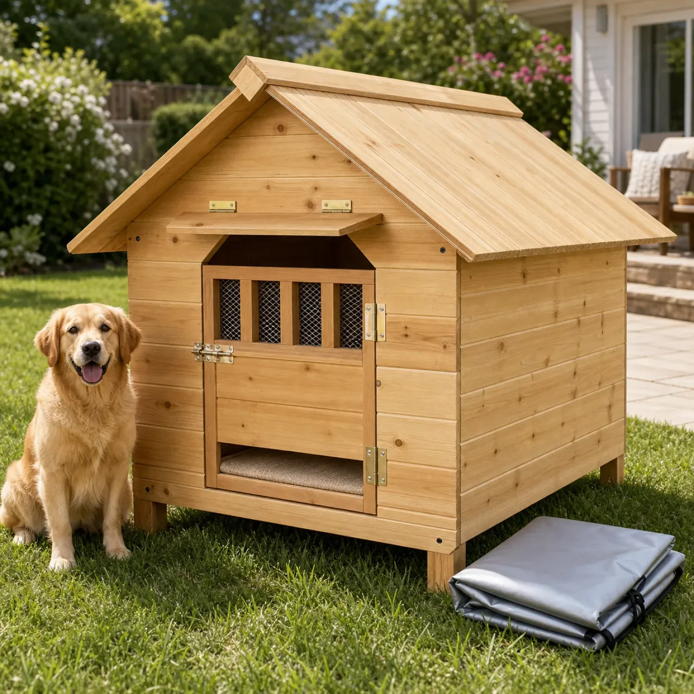 Havanese resting inside a wooden outdoor dog house with a soft pad and folded rain cover 4