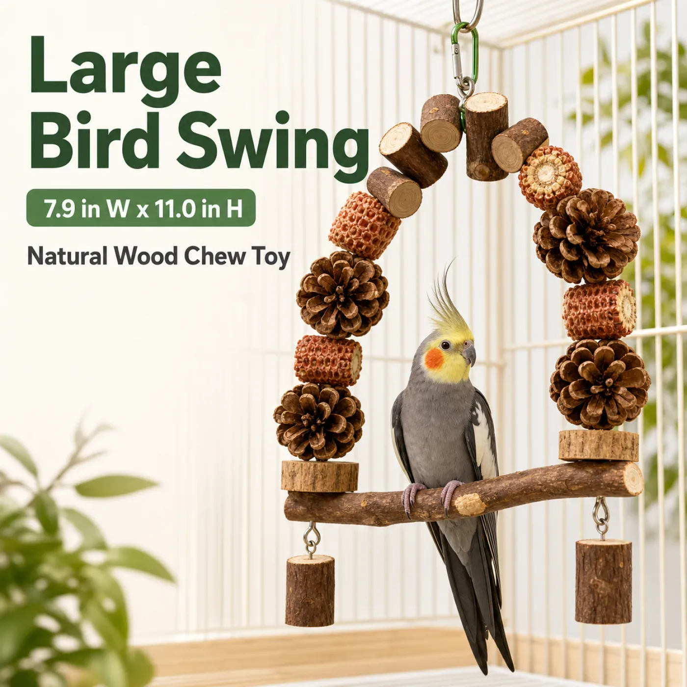 Cockatiel on a large natural wood bird swing with pine cones and chew blocks size 7.9 11.0