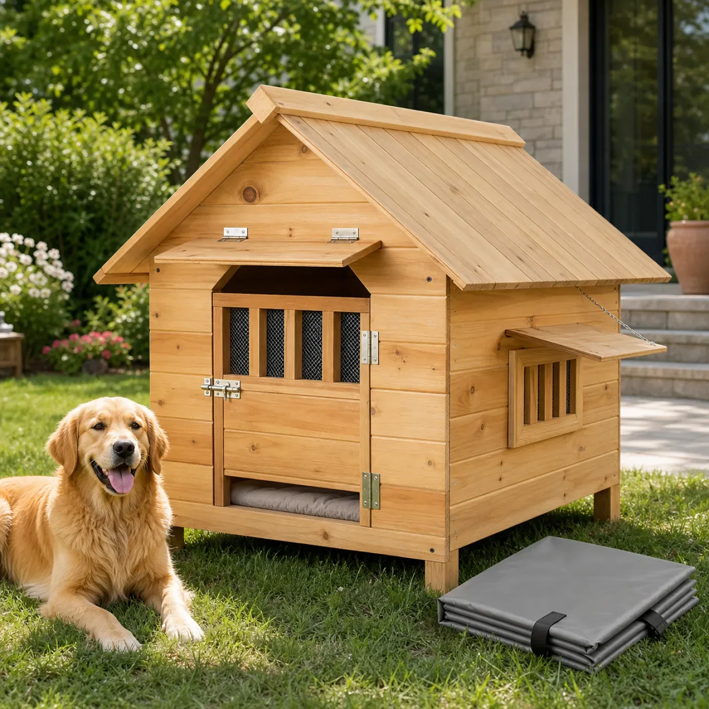 Havanese resting inside a wooden outdoor dog house with a soft pad and folded rain cover 8