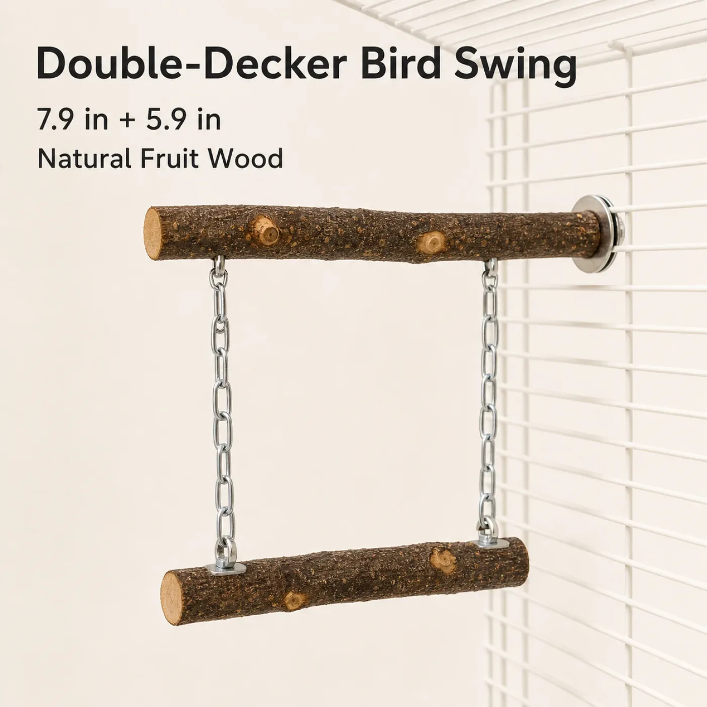 Double-decker natural fruit wood bird swing with metal chains inside a bird cage