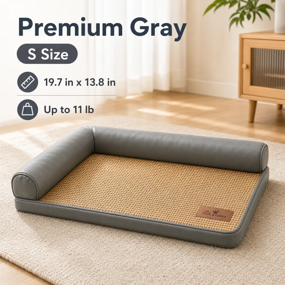 Premium gray S cooling pet mat bed with woven surface and bolster supports