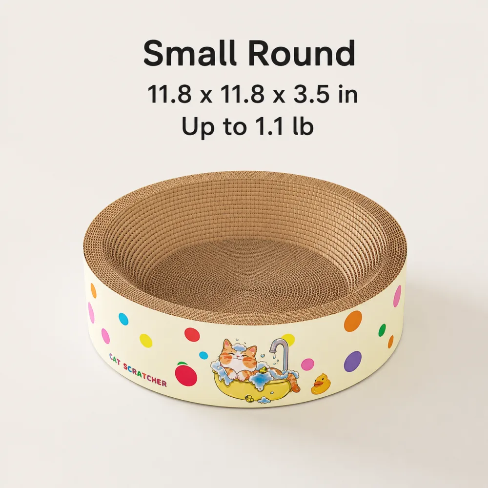 Jumbo oval cardboard cat scratcher bed with colorful dot design size:11.8 11.8 3.5 oval shape and scratcher material.