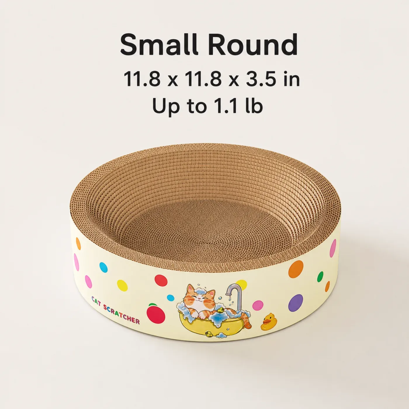 Jumbo oval cardboard cat scratcher bed with colorful dot design size:11.8 11.8 3.5 oval shape and scratcher material.