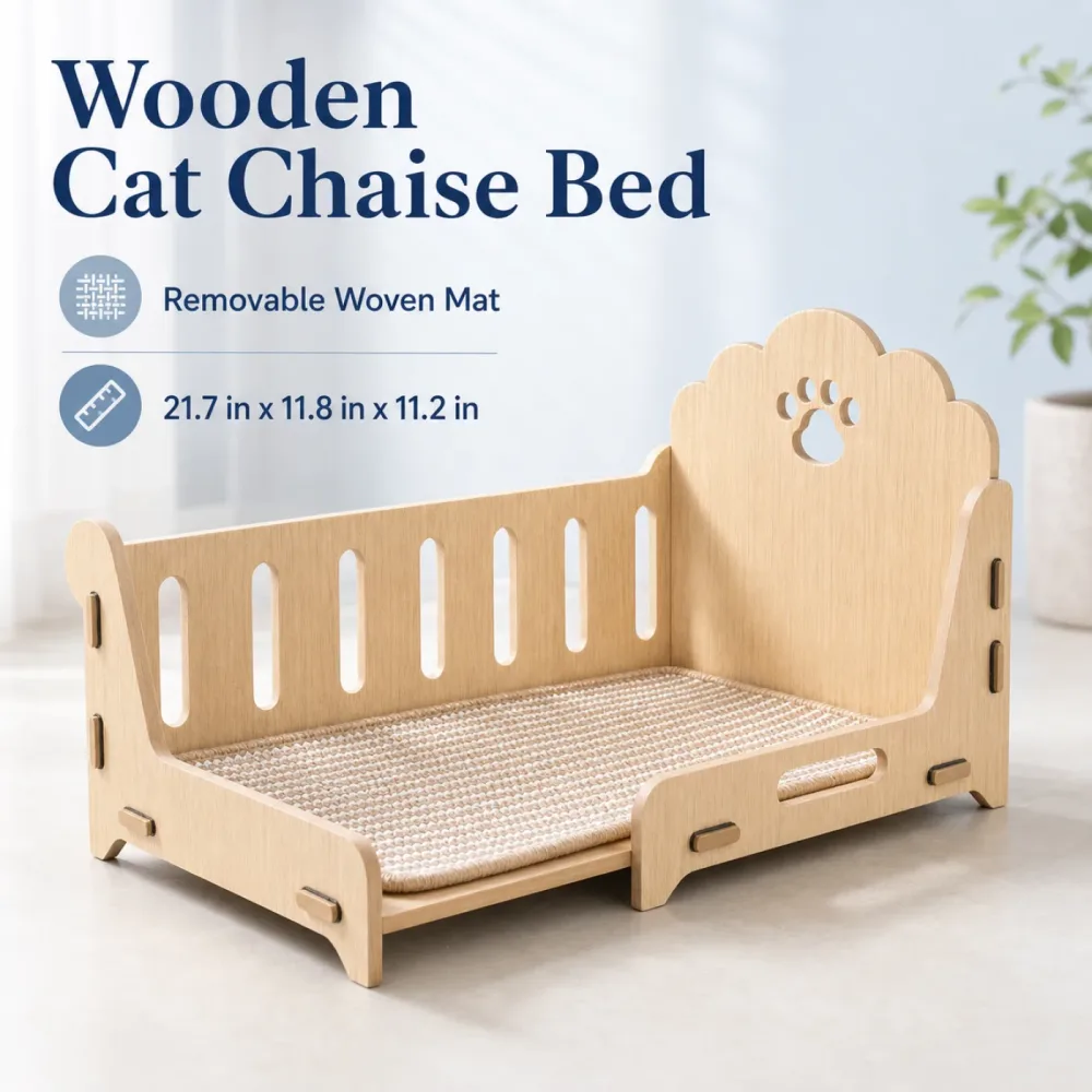 Wooden cat chaise bed with removable woven mat and paw cutout backrest