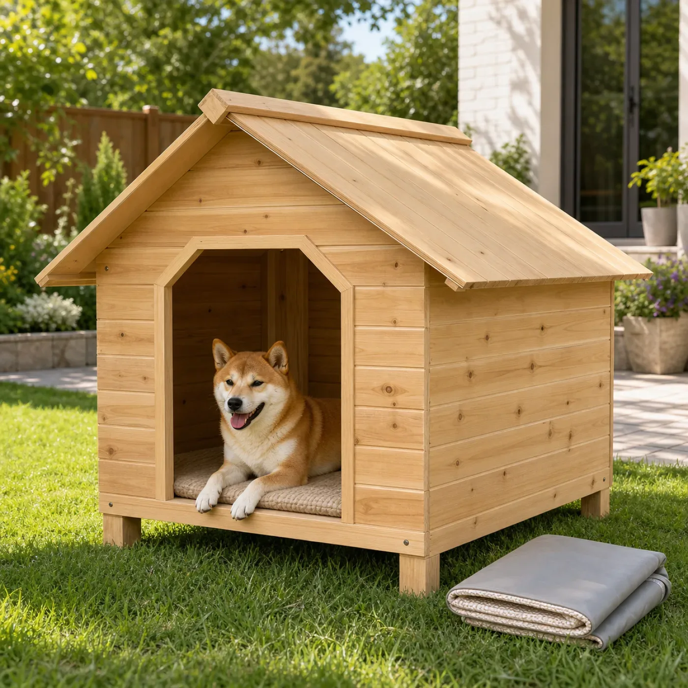Havanese resting inside a wooden outdoor dog house with a soft pad and folded rain cover 2