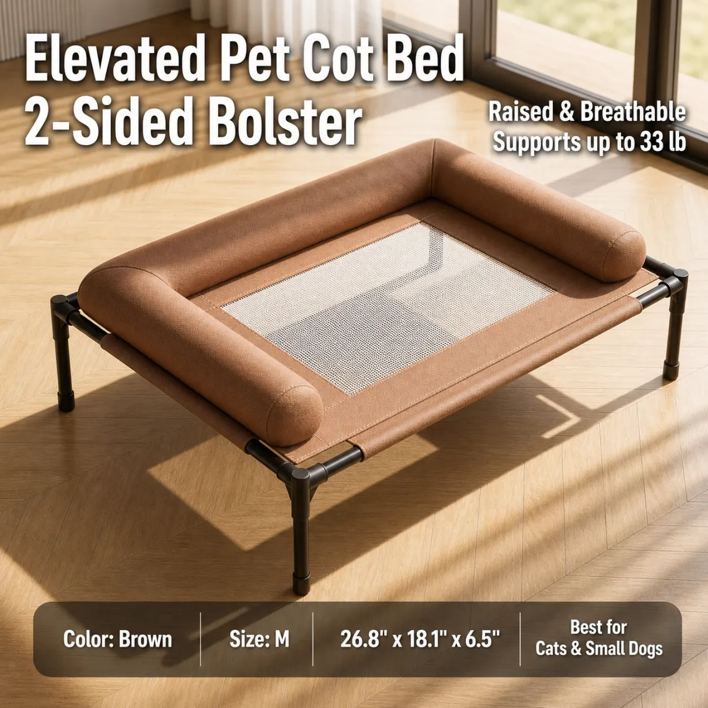 Gray M elevated pet cot bed with two-sided bolster and breathable mesh center 6