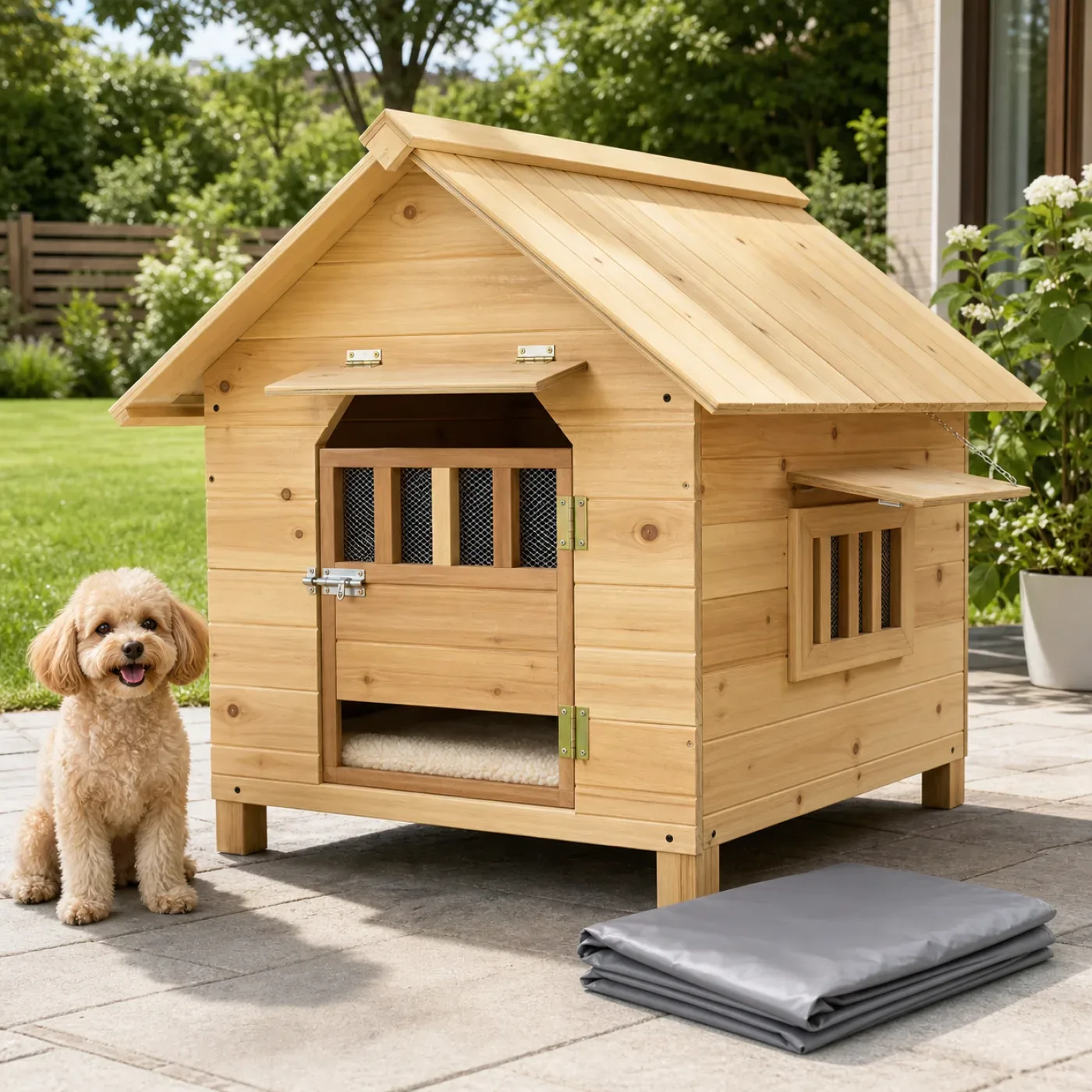 Havanese resting inside a wooden outdoor dog house with a soft pad and folded rain cover 7