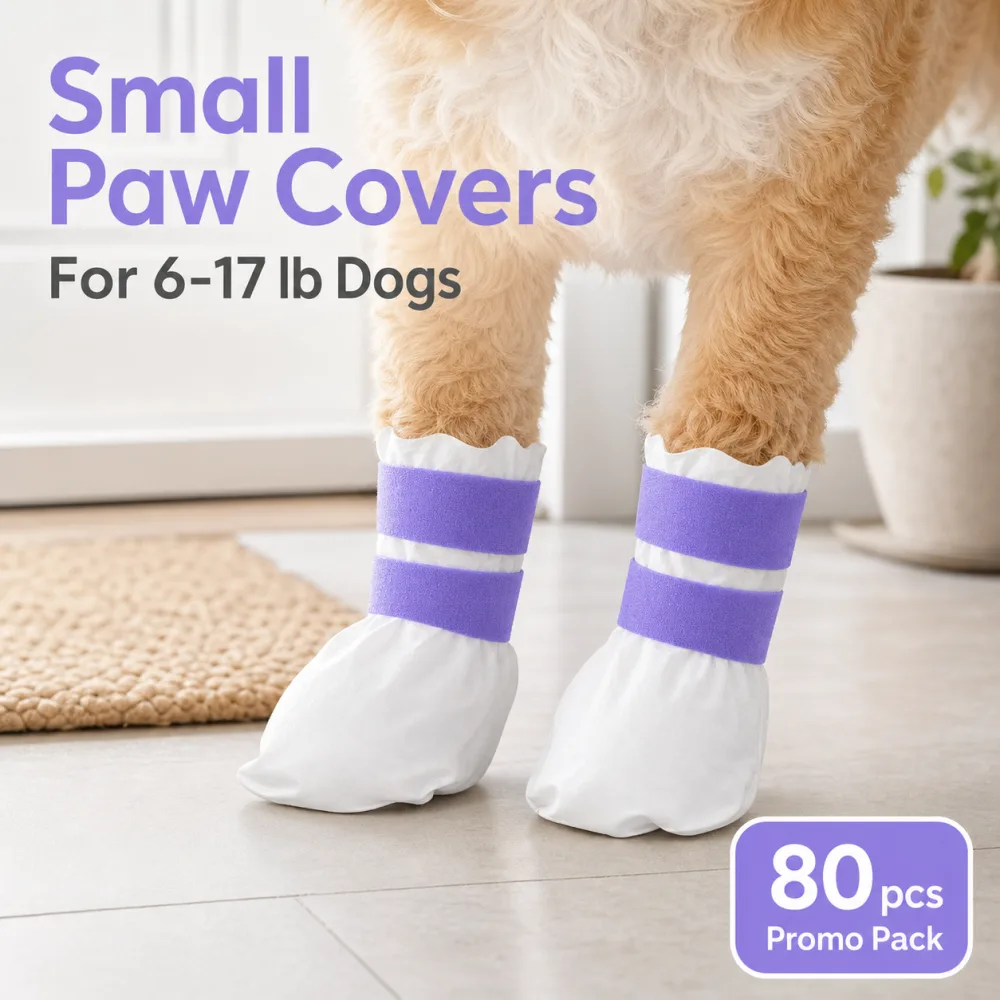 Small dog wearing white disposable paw covers with purple straps for 6 to 17 lb dogs