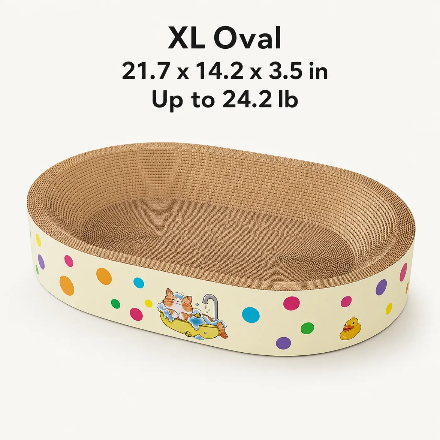 Jumbo oval cardboard cat scratcher bed with colorful dot design size:11.8 11.8 3.5 oval shape and scratcher material. 5