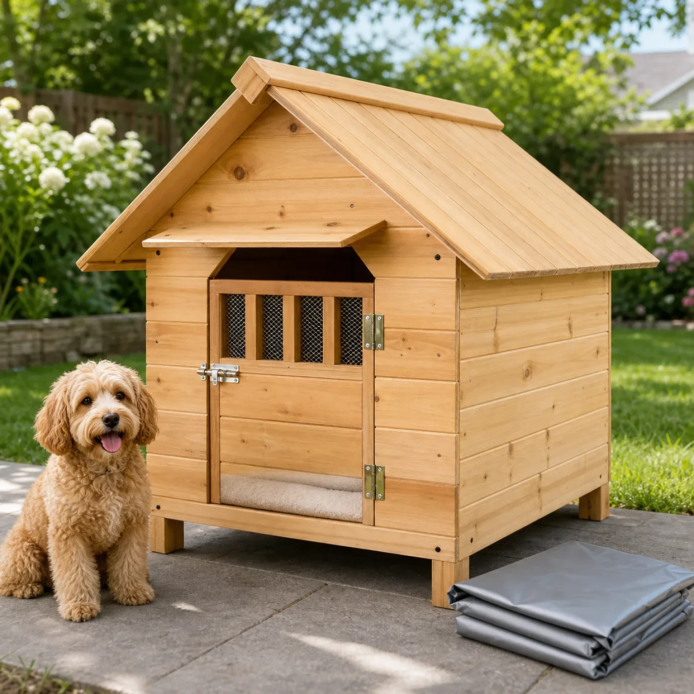 Havanese resting inside a wooden outdoor dog house with a soft pad and folded rain cover 3