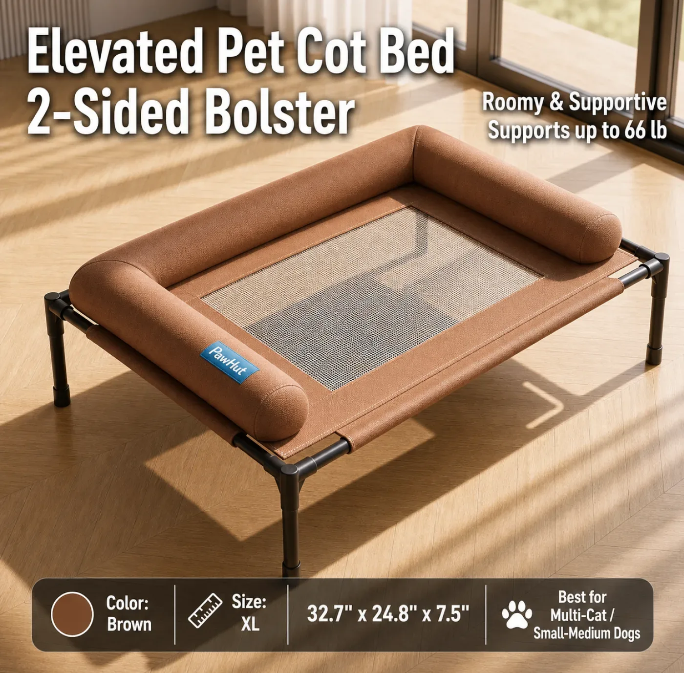 Gray M elevated pet cot bed with two-sided bolster and breathable mesh center 7