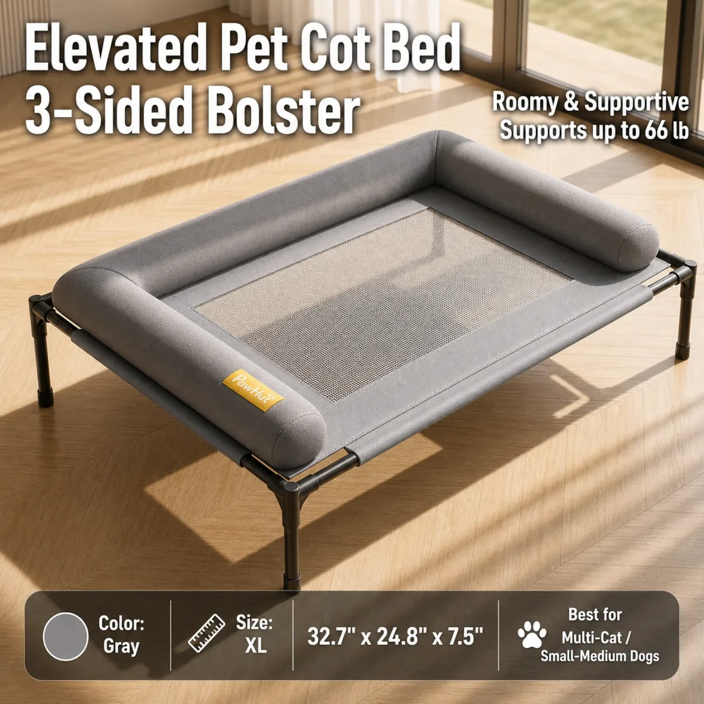 Gray M elevated pet cot bed with two-sided bolster and breathable mesh center 4