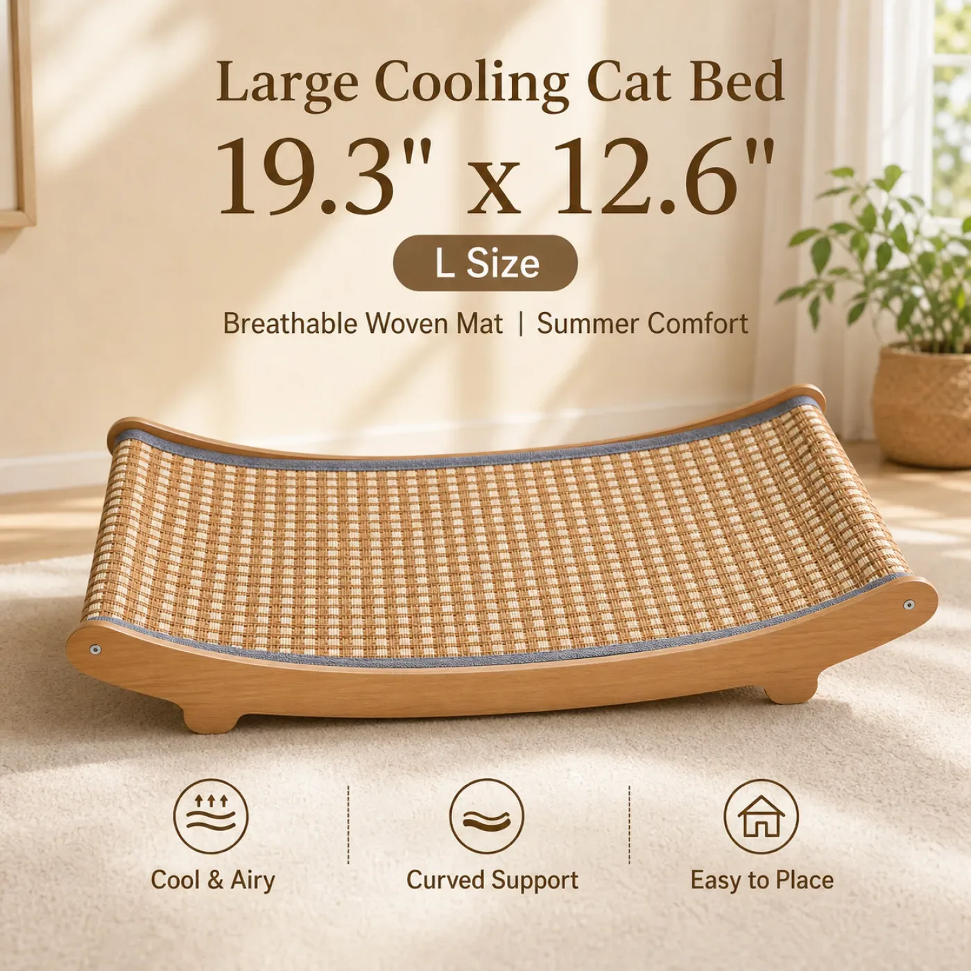 Small wooden cooling cat bed with breathable woven mat and curved support 2