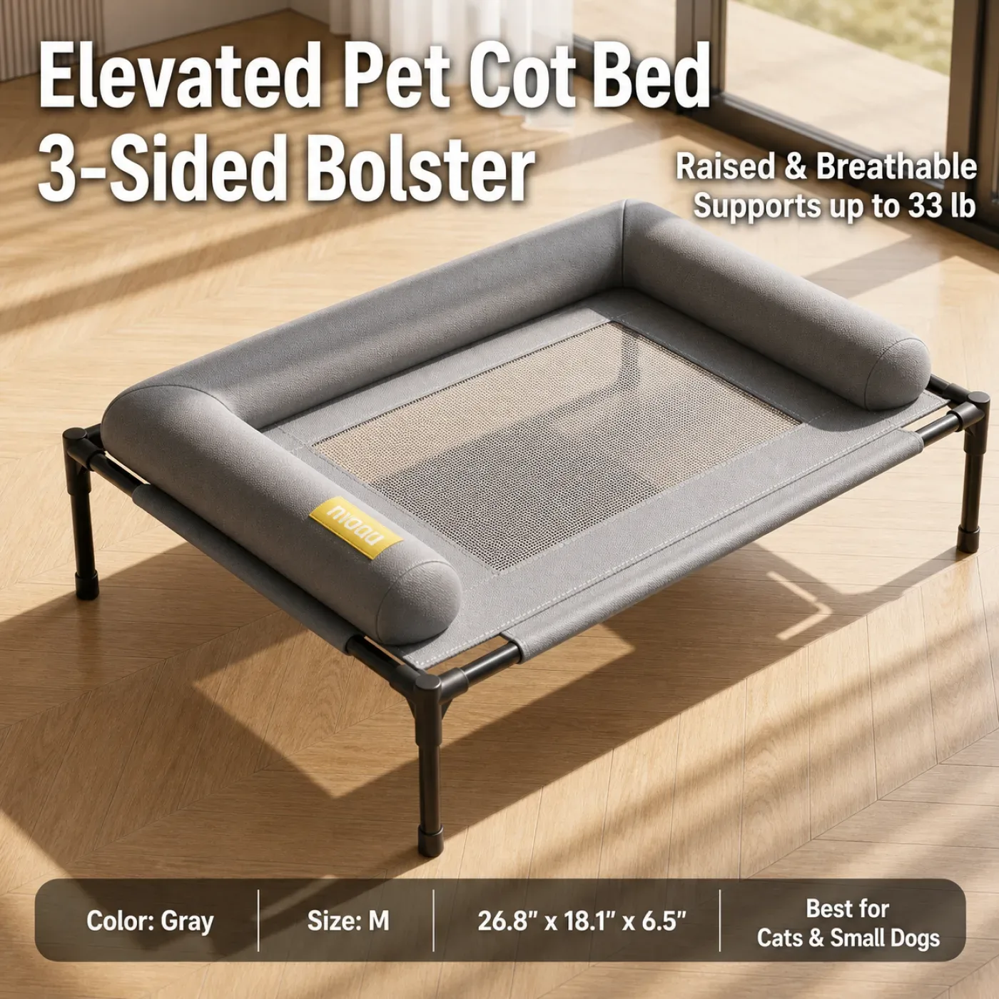Gray M elevated pet cot bed with two-sided bolster and breathable mesh center