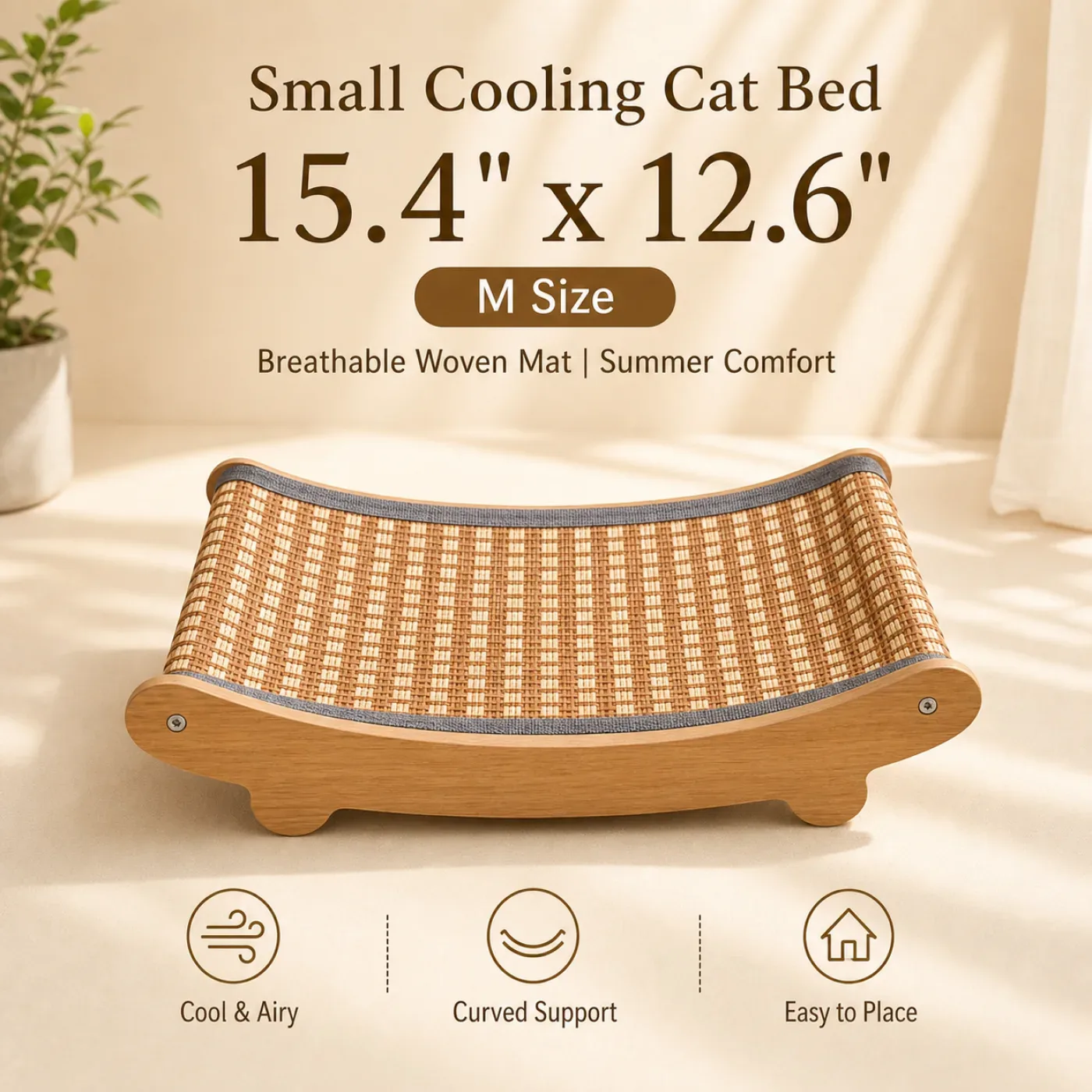 Small wooden cooling cat bed with breathable woven mat and curved support