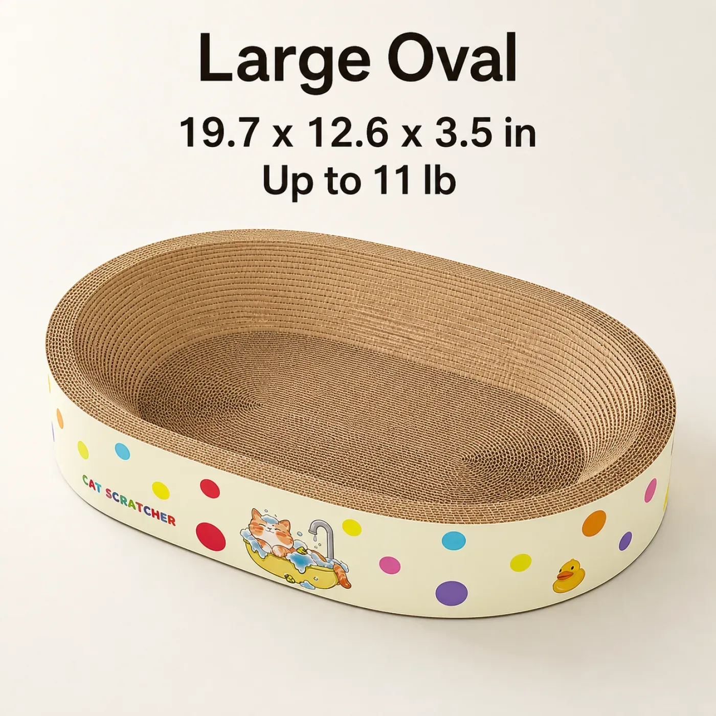 Jumbo oval cardboard cat scratcher bed with colorful dot design size:11.8 11.8 3.5 oval shape and scratcher material. 4