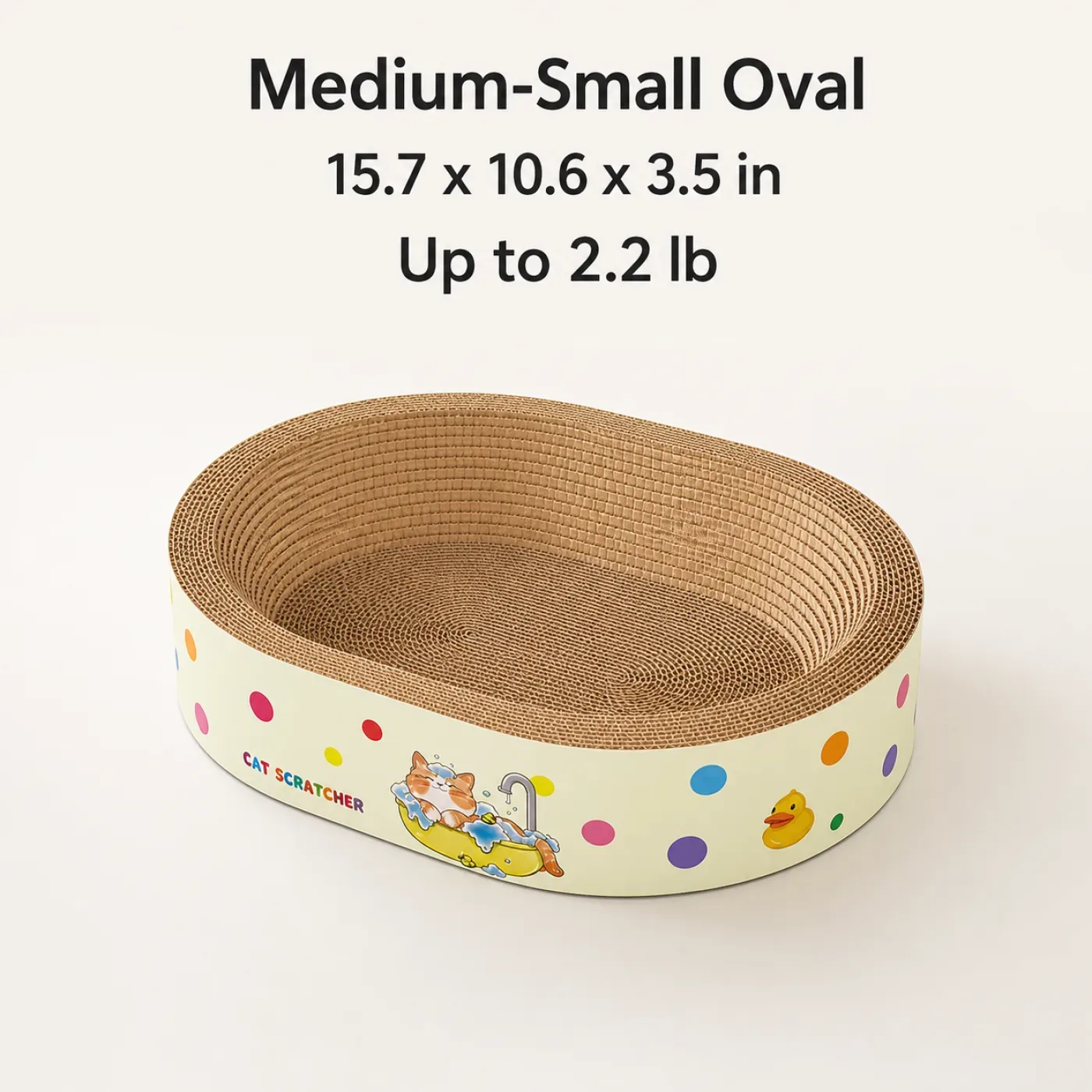 Jumbo oval cardboard cat scratcher bed with colorful dot design size:11.8 11.8 3.5 oval shape and scratcher material. 2