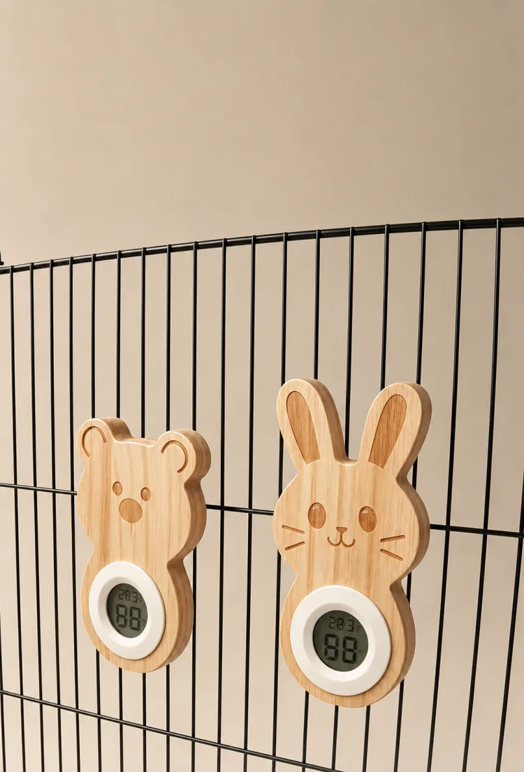 Bear and rabbit wooden temperature and humidity monitors attached inside a black wire pet cage