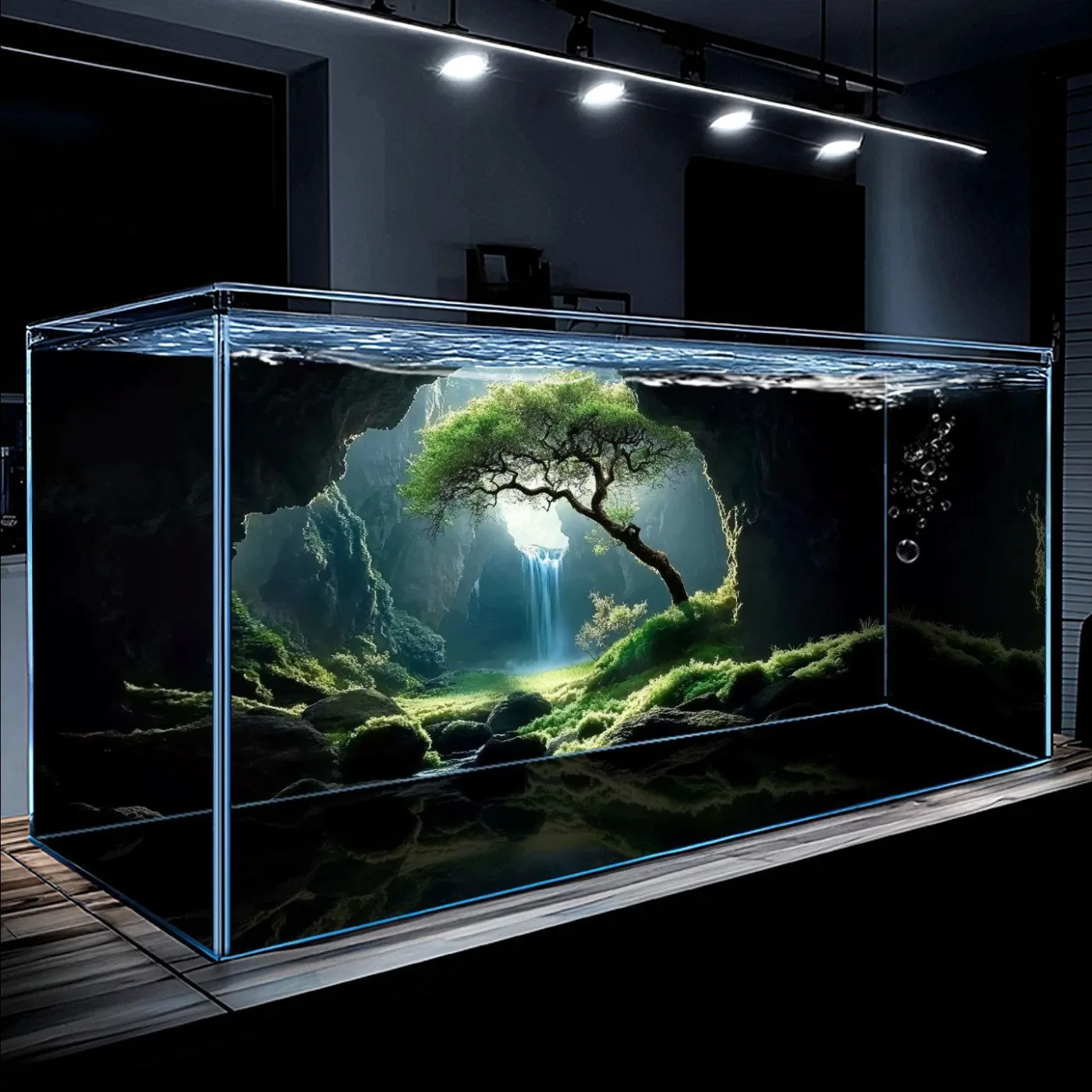 Pine trees and rocky mountains aquarium background poster, design A01, 3.9 x 3.9 in 10