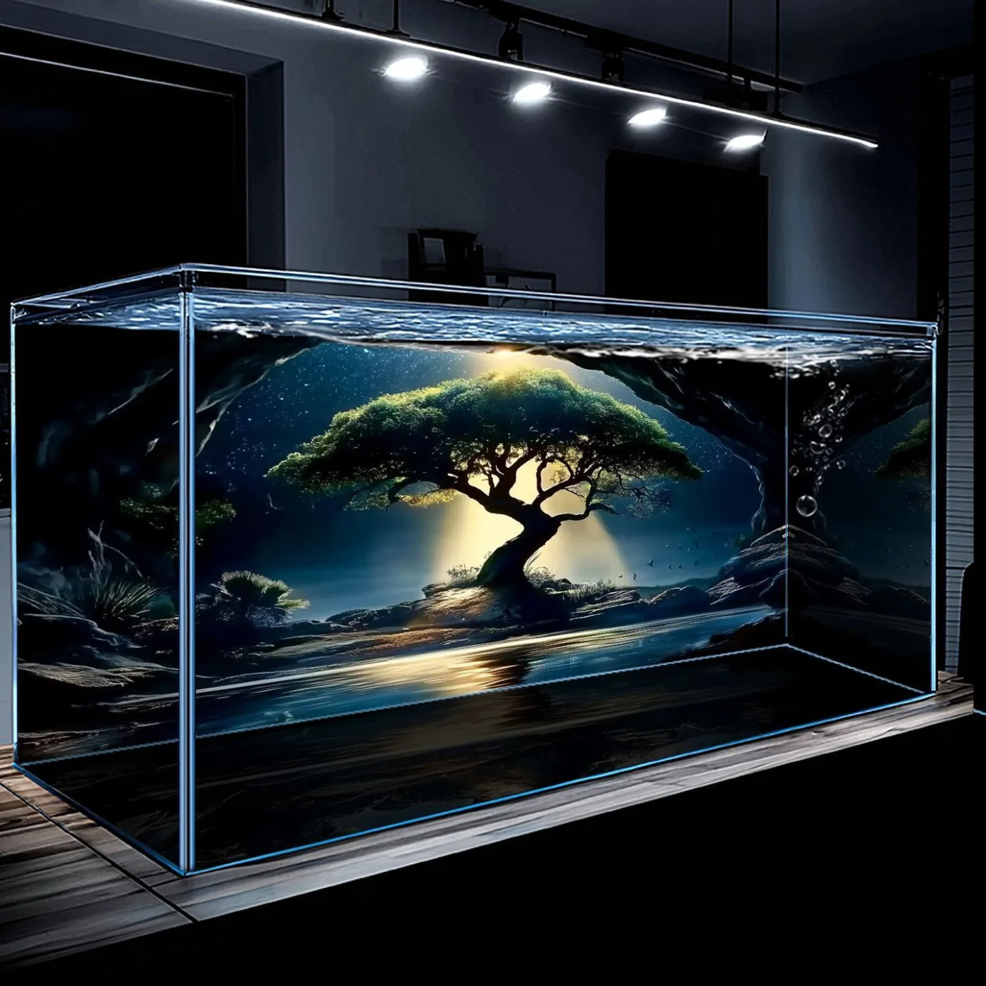 Pine trees and rocky mountains aquarium background poster, design A01, 3.9 x 3.9 in 17
