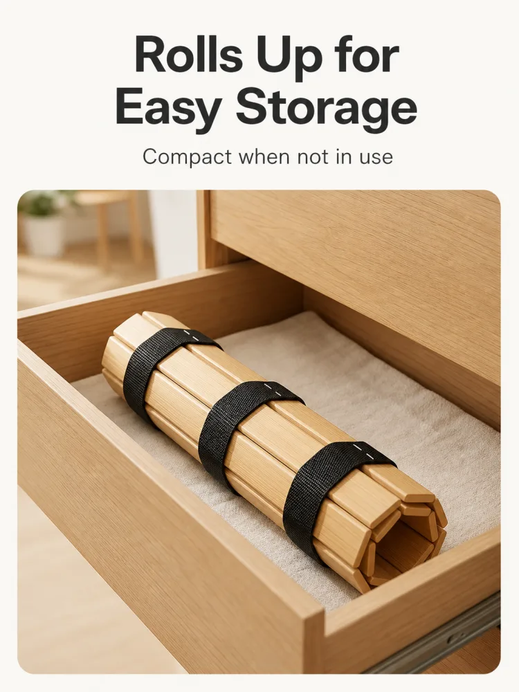 Rolled bamboo pet cooling pad stored in a drawer with securing straps