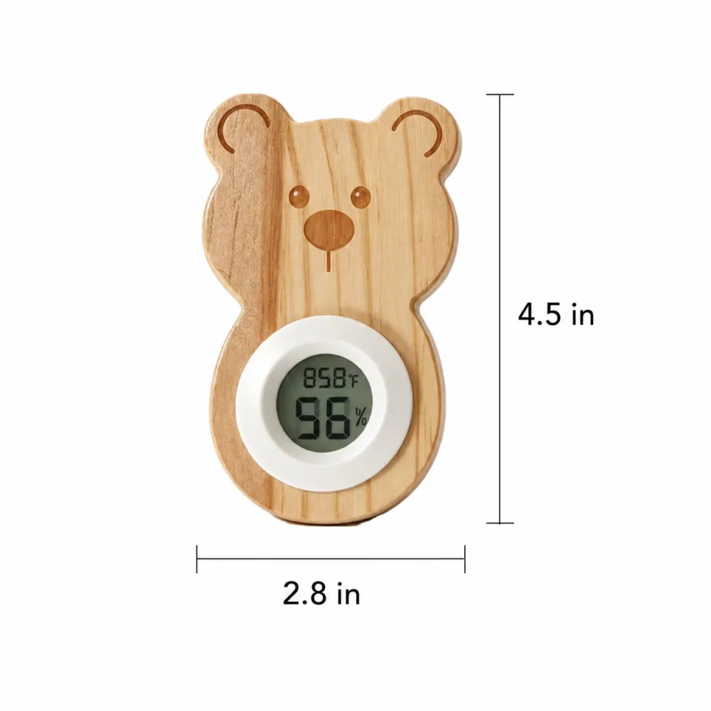 Bear-shaped wooden cage temperature and humidity monitor with 4.5 by 2.8 inch dimensions