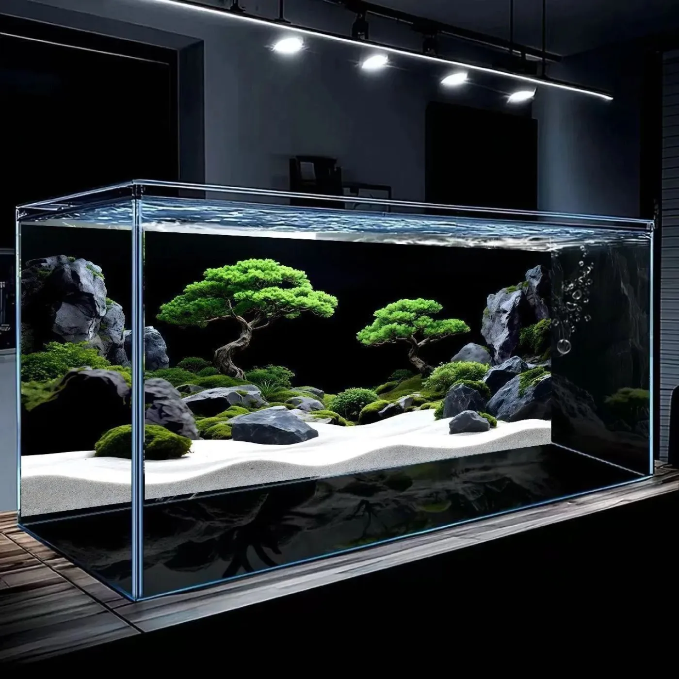 Pine trees and rocky mountains aquarium background poster, design A01, 3.9 x 3.9 in 34