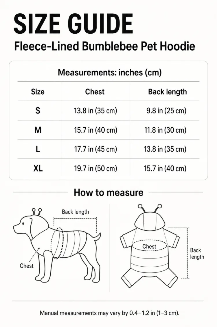 Size guide for fleece-lined bumblebee pet hoodie with chest and back length measurements